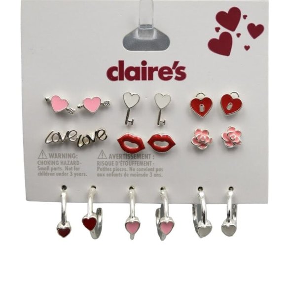 Claires Valentine Earrings Set of 9 Hearts Lips Key Lock Roses Love Stud Hoops - Picture 1 of 5